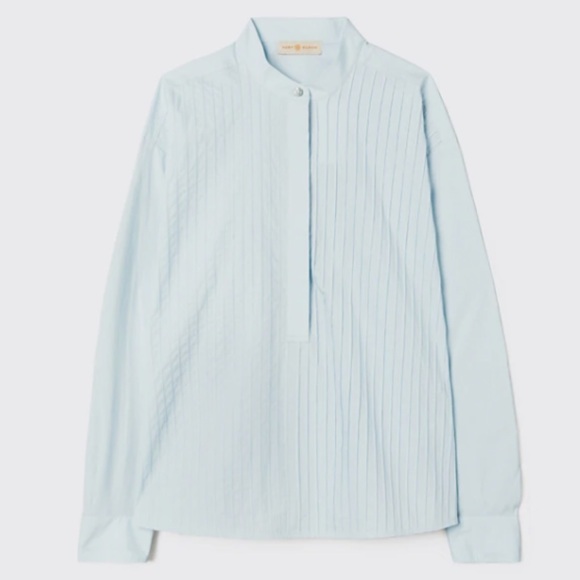 🆕 (0️⃣) TORY BURCH SPRING BLUE POPLIN PLEATED SHIRT - Picture 3 of 6